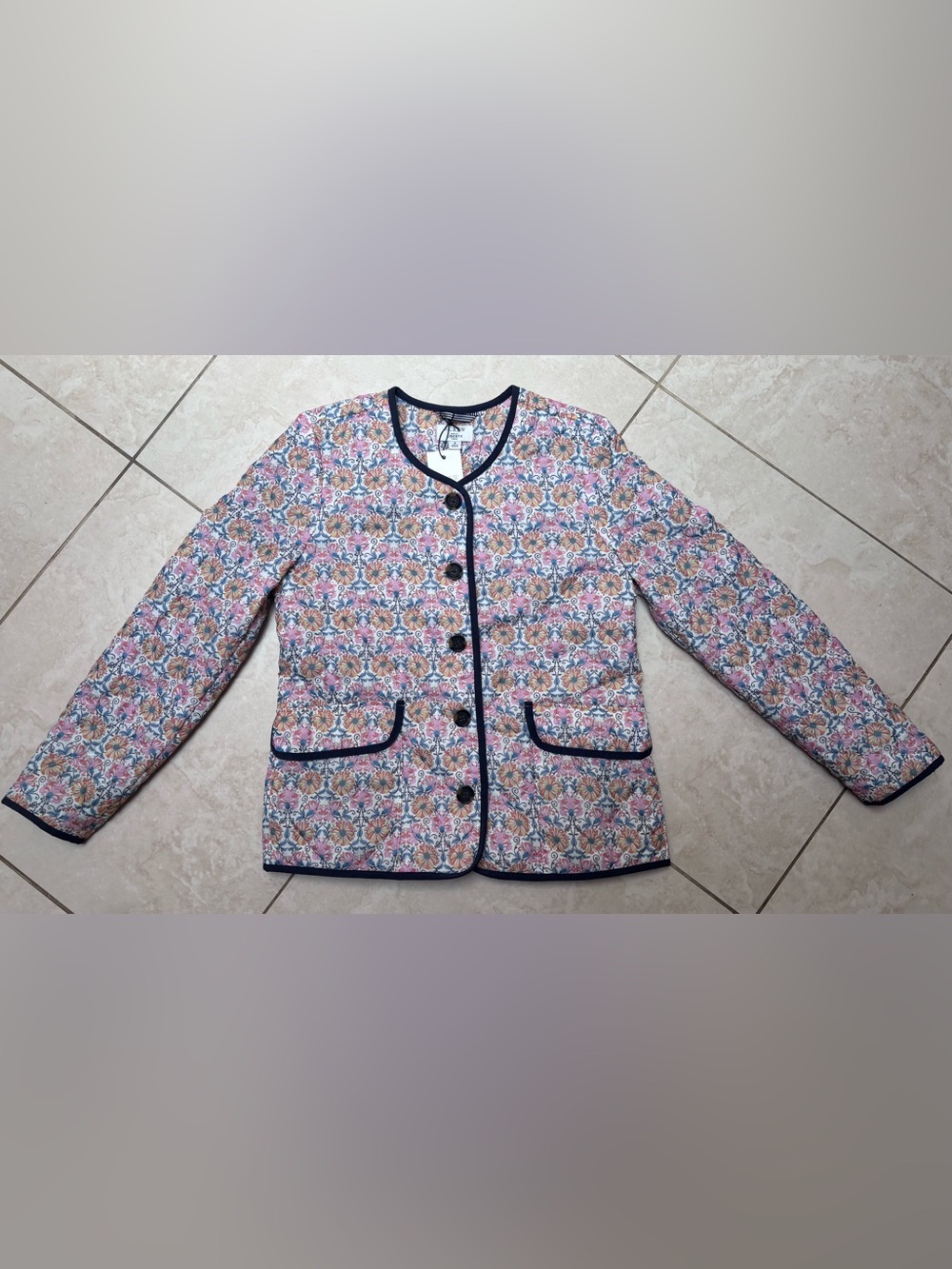 J. Crew Liberty Floral Quilted Jacket with Dark Blue Trim